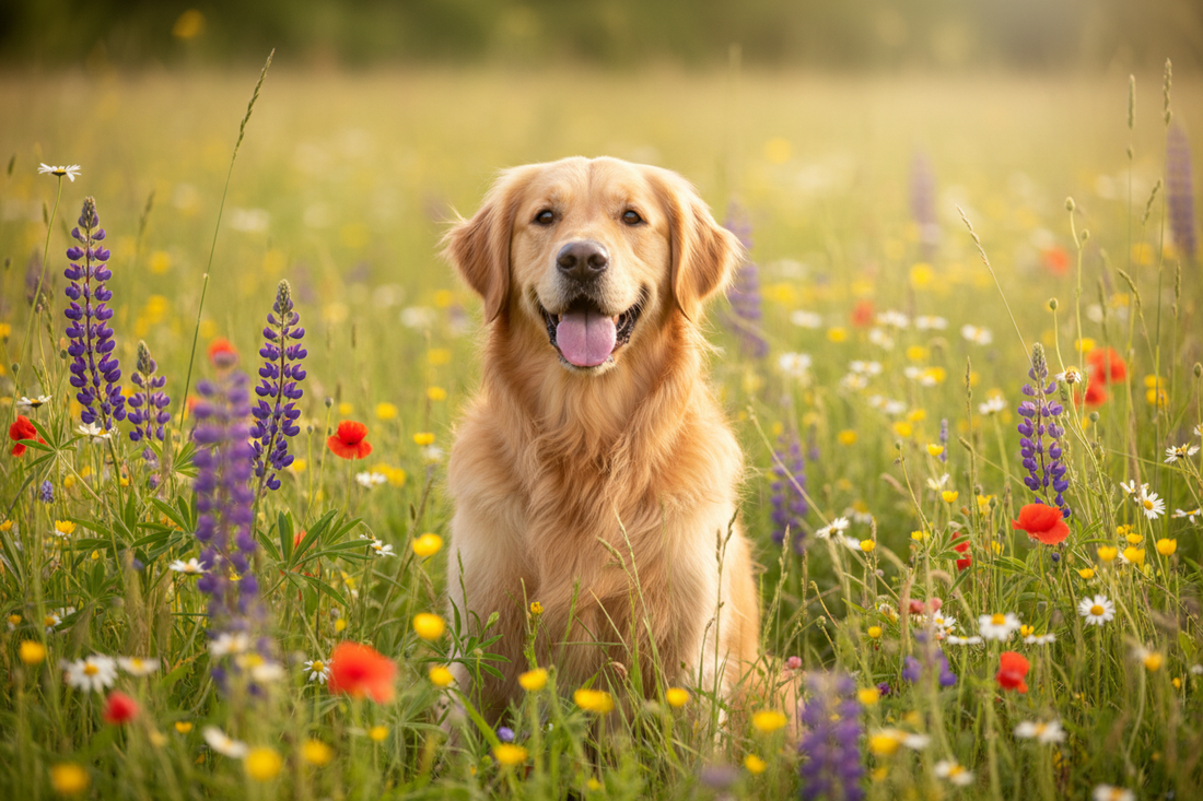 Happy golden retriever dog sitting in a sunny summer meadow – natural bug protection for dogs