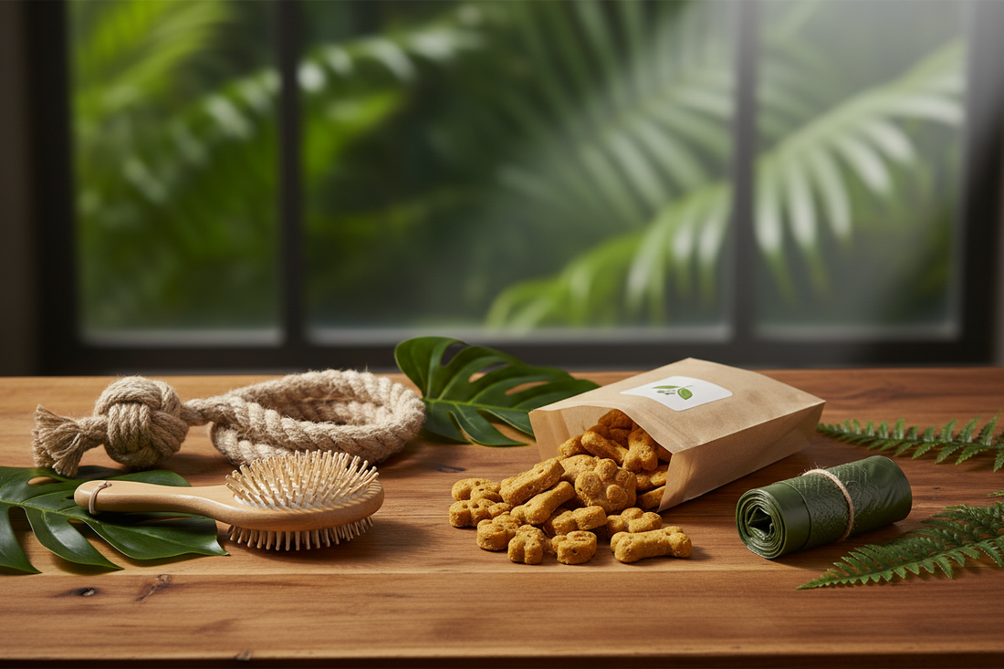 An assortment of natural eco-friendly pet products including organic treats, a hemp rope toy, a bamboo grooming brush, and biodegradable waste bags on a warm wooden surface with green botanical leaves — sustainable pet products at Eco Pet Pack