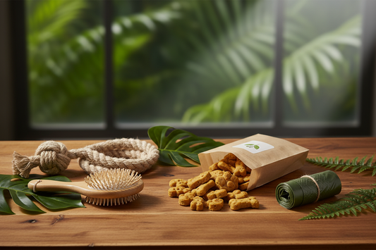 An assortment of natural eco-friendly pet products including organic treats, a hemp rope toy, a bamboo grooming brush, and biodegradable waste bags on a warm wooden surface with green botanical leaves — sustainable pet products at Eco Pet Pack