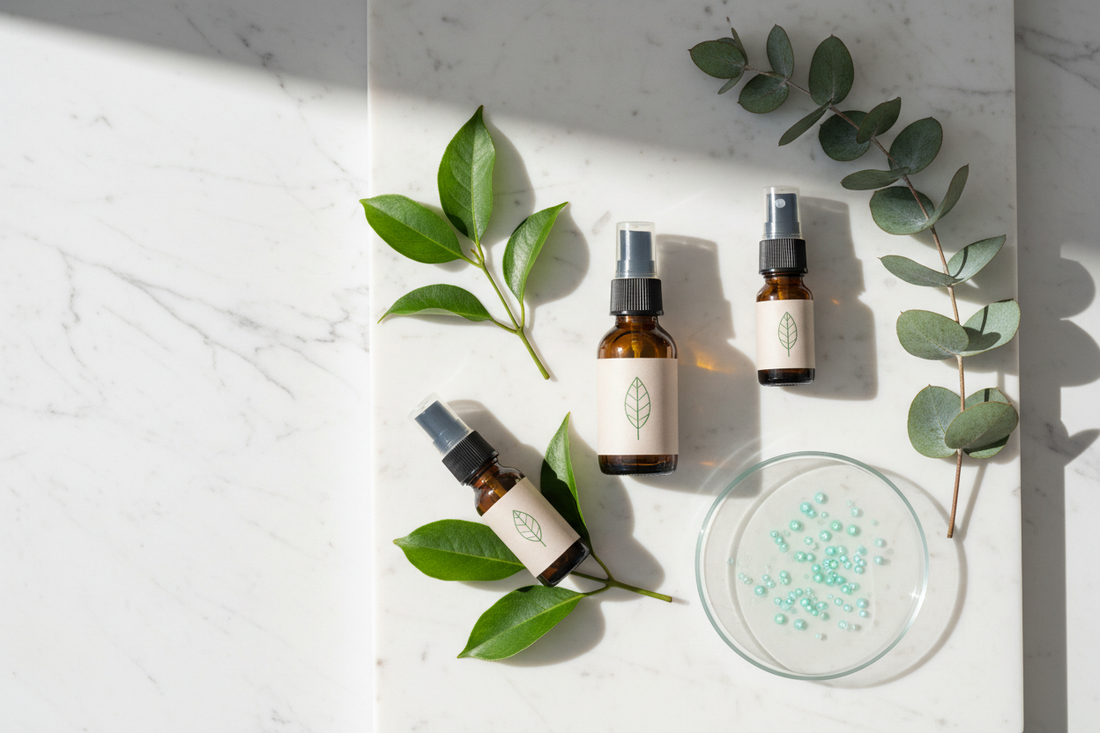 Natural probiotic pet care products with botanical herbs on a white marble surface