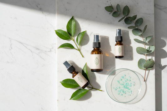 Natural probiotic pet care products with botanical herbs on a white marble surface