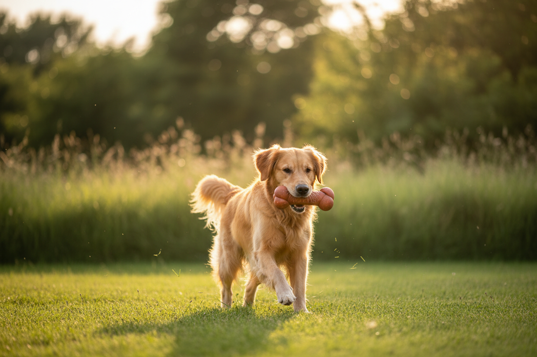 Golden retriever playing with a natural rubber dog toy on green grass — eco-friendly, non-toxic dog toys from Eco Pet Pack