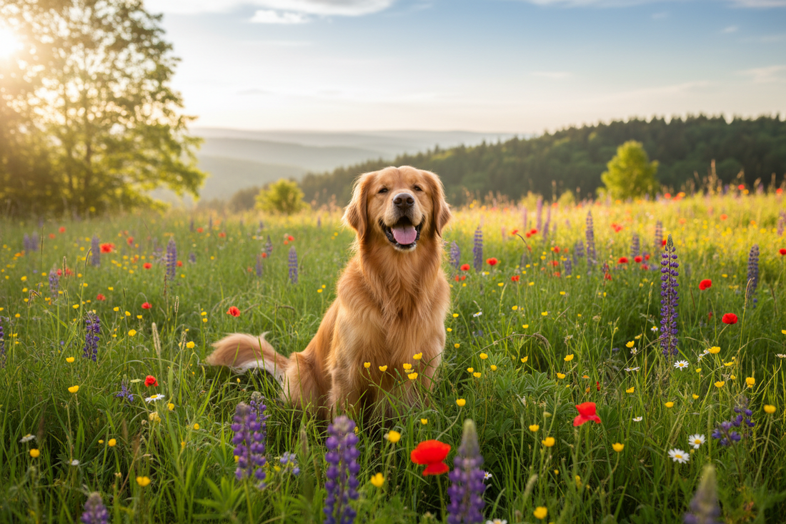 Happy dog sitting in a green meadow — eco-friendly pet products from Eco Pet Pack