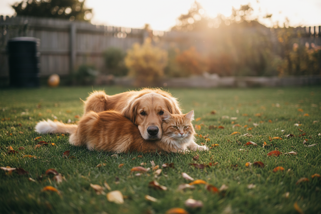 A cat and dog together on green grass — sustainable pet living tips from Eco Pet Pack