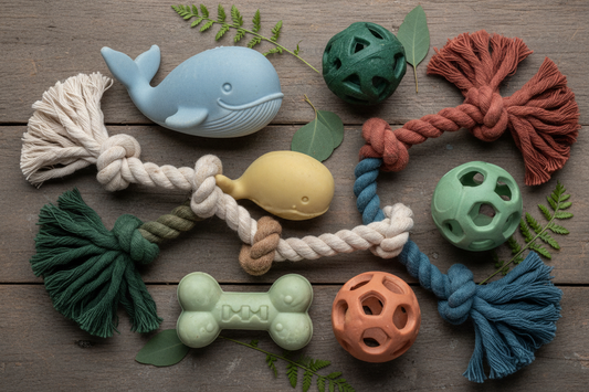 Natural rubber and rope pet toys on a wooden surface — sustainable pet toys from Eco Pet Pack