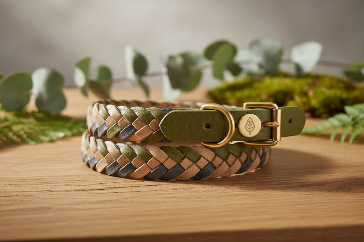 Eco-friendly vegan leather dog collar in neutral tones displayed on natural wood with green foliage — sustainable pet accessories by Eco Pet Pack