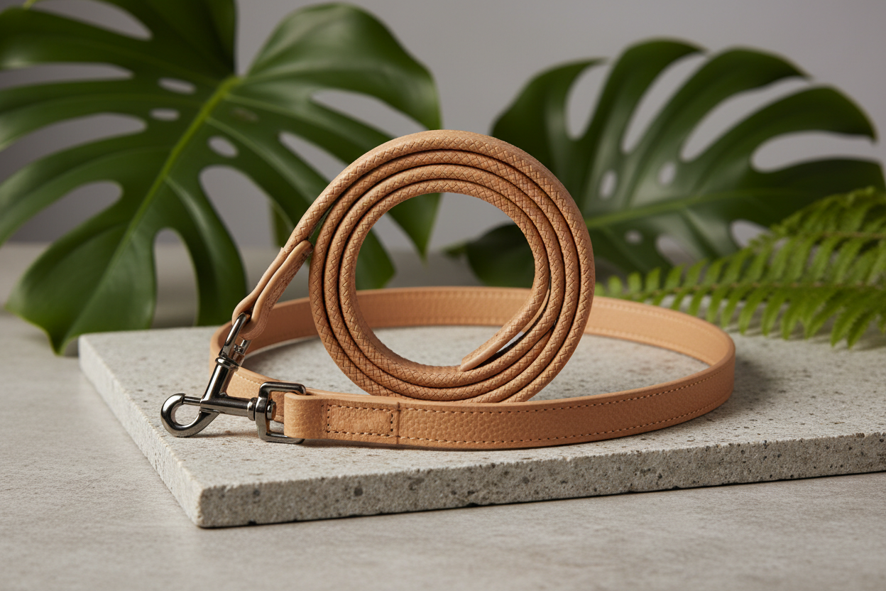 Eco-friendly vegan leather dog leash in neutral tones coiled on natural stone with green botanical leaves — sustainable pet accessories by Eco Pet Pack