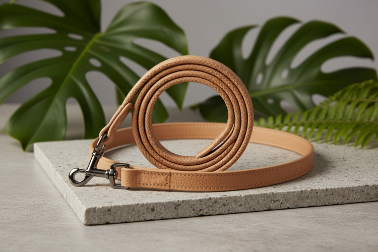 Eco-friendly vegan leather dog leash in neutral tones coiled on natural stone with green botanical leaves — sustainable pet accessories by Eco Pet Pack