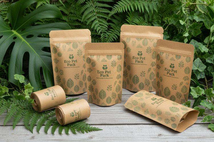Eco-friendly biodegradable dog waste bags in kraft paper packaging with a green leaf motif on a natural wooden surface with lush green botanical leaves — sustainable pet accessories by Eco Pet Pack