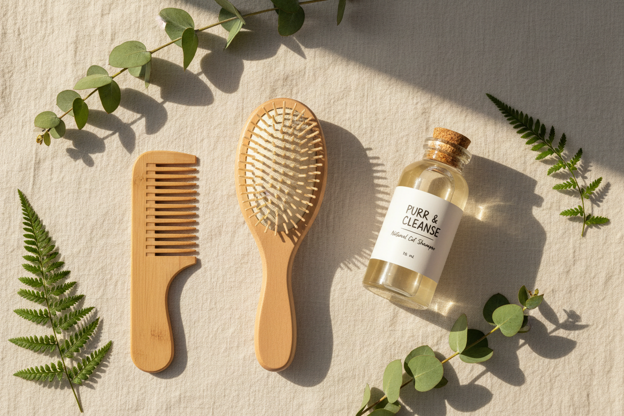 Natural and organic dog grooming products arranged on a wooden surface with green botanicals