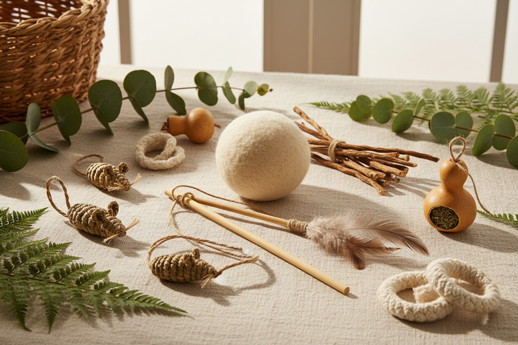 Natural eco-friendly cat toys including a wool ball and feather wand on linen with green botanical leaves — sustainable pet toys by Eco Pet Pack