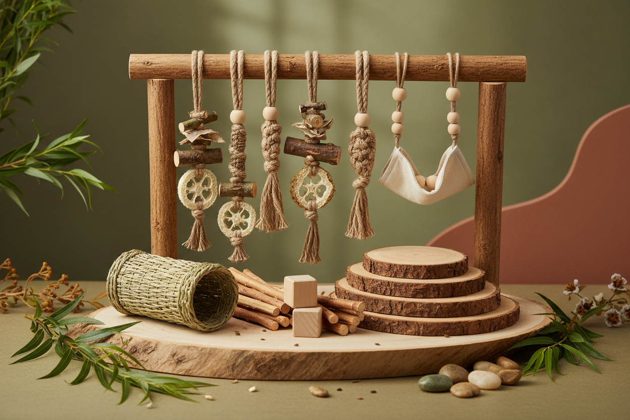 Eco-friendly chinchilla toys made from natural wood and organic fibers, including chew sticks and hanging toys, arranged on a natural surface with green leaves