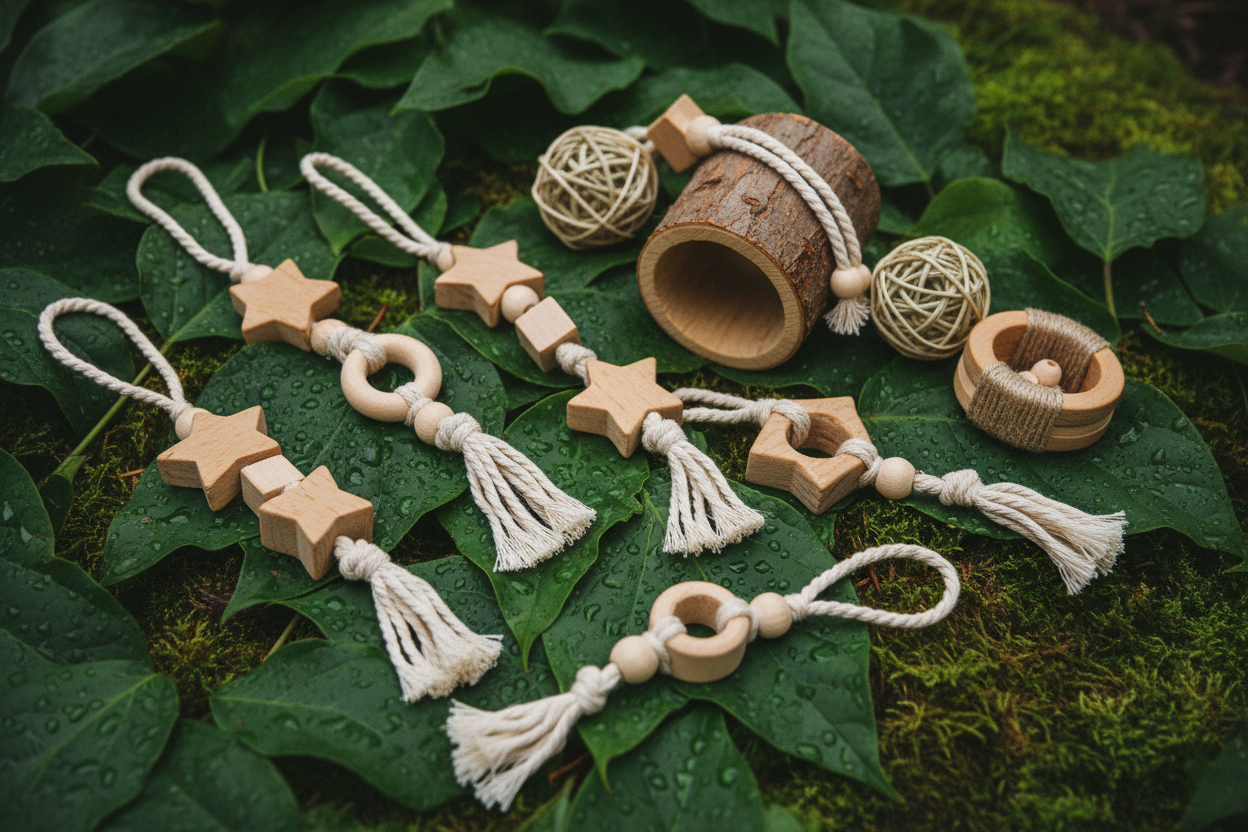 "Eco-friendly guinea pig toys made from natural wood and organic cotton, arranged on a lush green leafy background