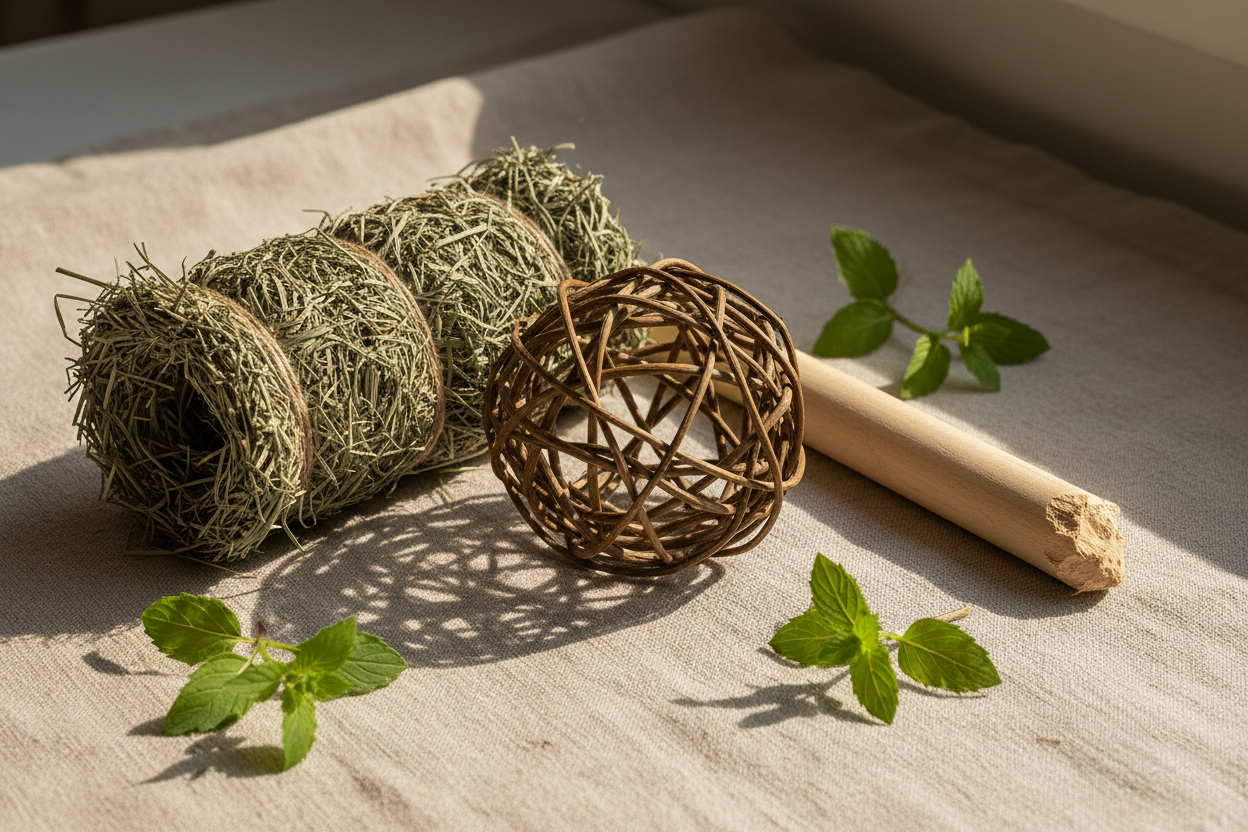 Natural eco-friendly rabbit toys including a woven willow ball, wooden chew stick, and hay tunnel on linen with green leaves — sustainable pet toys by Eco Pet Pack