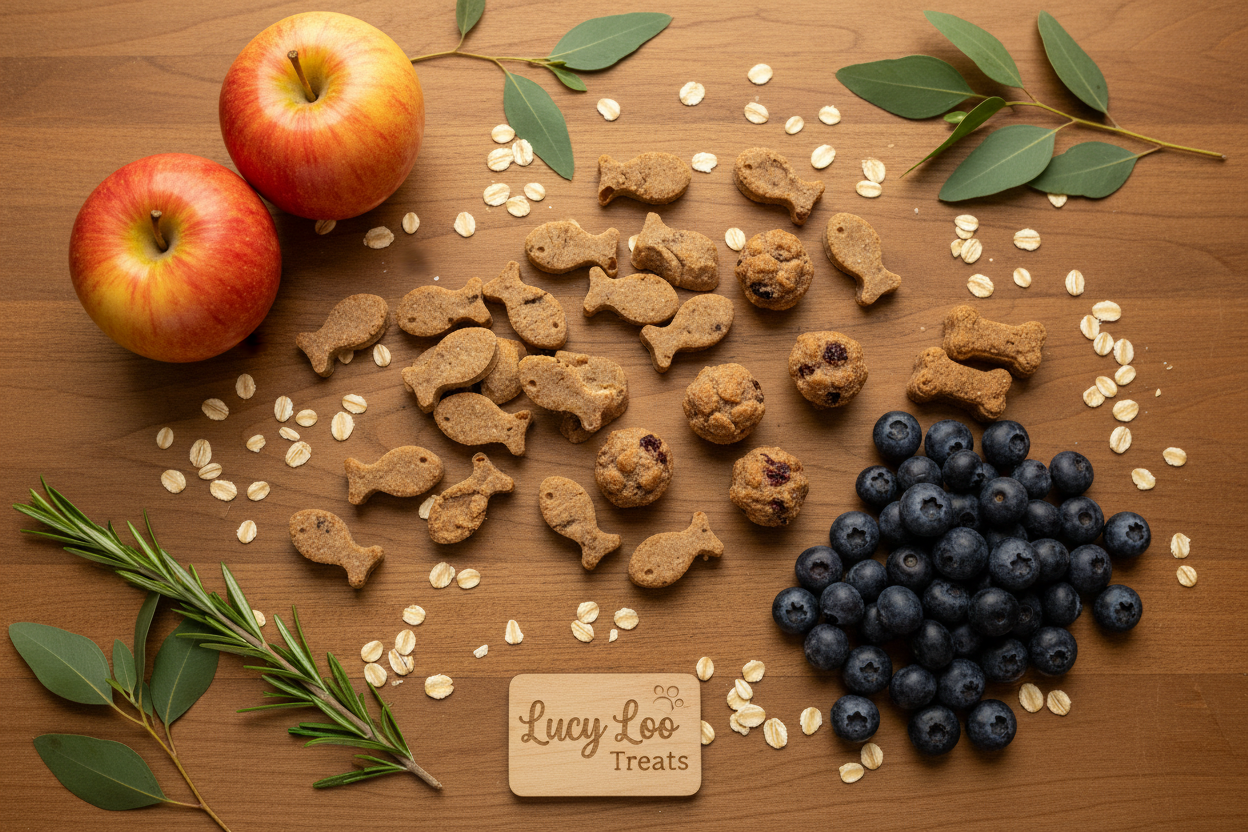 Lucy Loo natural dog and cat treats including biscuits and salmon treats arranged on a warm wooden surface with fresh fruit, oats, and green botanical leaves — premium pet treats at Eco Pet Pack