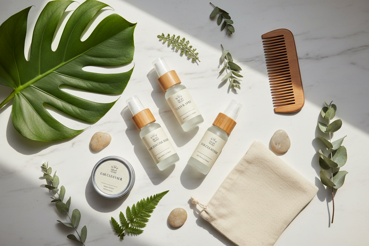 Natural pet first aid and wellness products with botanical herbs on a white surface