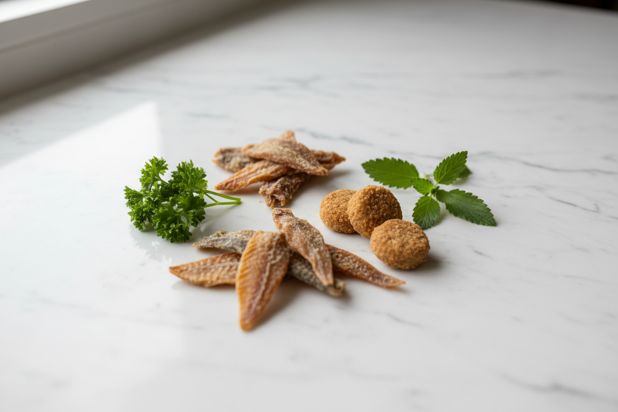 Natural organic cat treats on white marble with fresh herbs and catnip sprigs — clean ingredient pet treats by Eco Pet Pack
