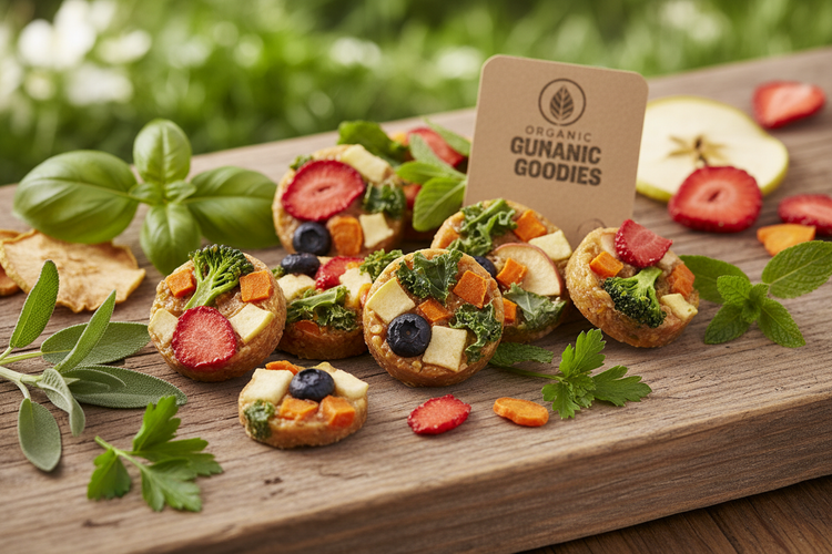 Organic guinea pig treats made from fresh fruits, vegetables, and herbs, arranged on a natural wooden surface with green leaves