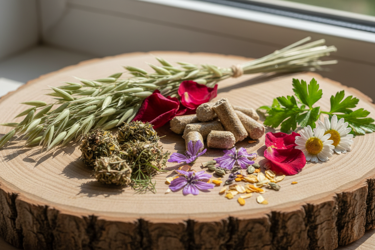 Natural organic rabbit treats including dried herbs, flower petals, and hay-based snacks on natural wood with fresh parsley and chamomile — clean ingredient pet treats by Eco Pet Pack