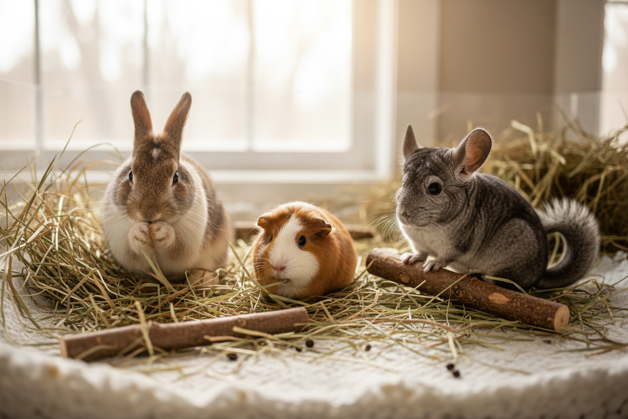 Rabbit, guinea pig, and chinchilla in a natural hay-filled habitat — premium small pet supplies at Eco Pet Pack