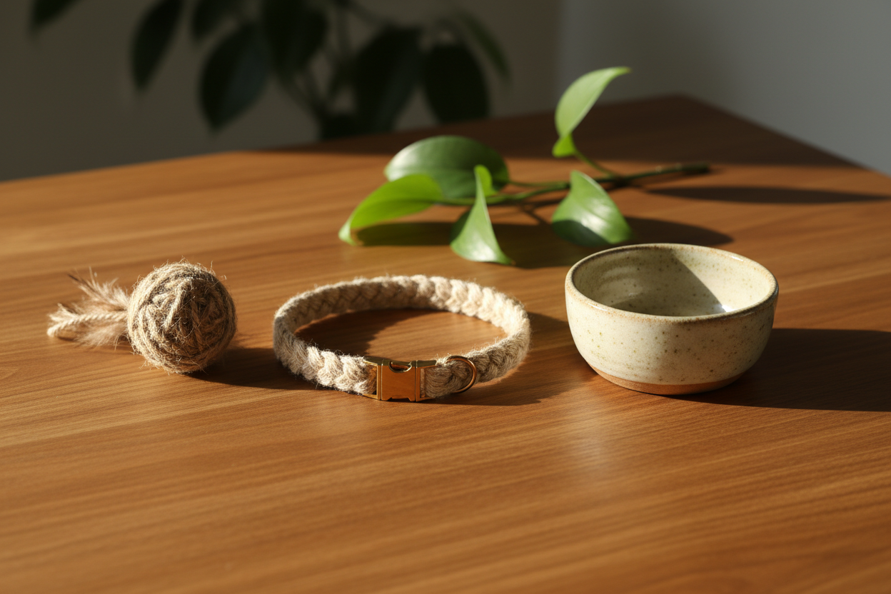 Sustainable eco-friendly cat accessories including a natural hemp collar, ceramic food bowl, and jute toy on warm natural wood with green leaves — eco-friendly pet accessories by Eco Pet Pack