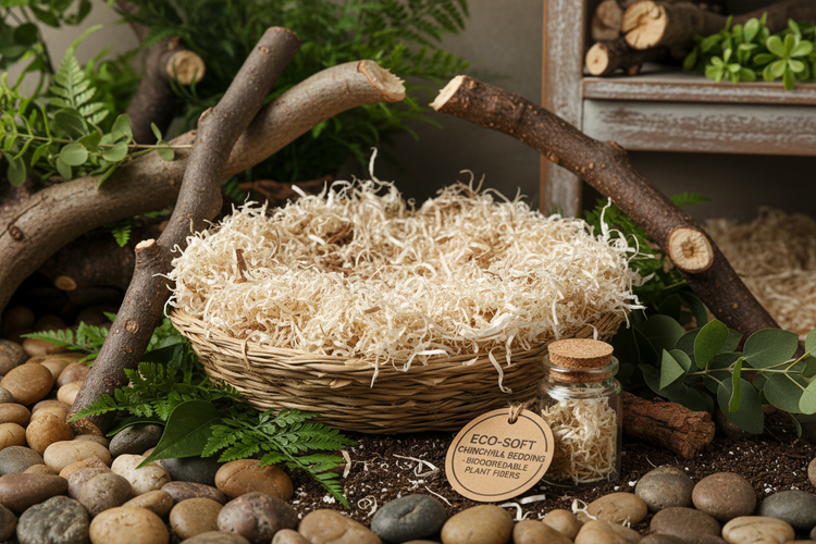 Sustainable chinchilla bedding made from soft biodegradable plant fibers, displayed in a cozy natural habitat with earthy tones and wooden accents