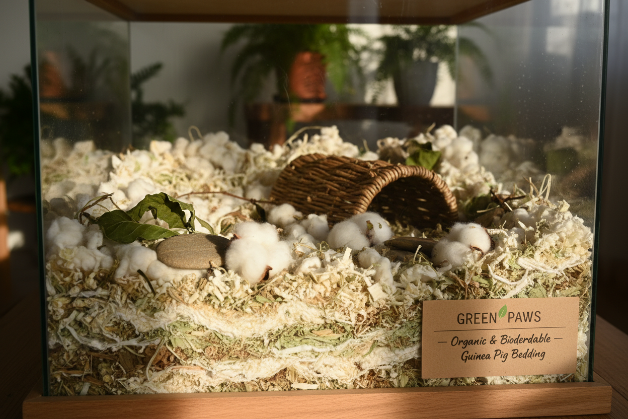 Sustainable guinea pig bedding made from organic cotton and biodegradable plant fibers, displayed in a cozy natural habitat setting
