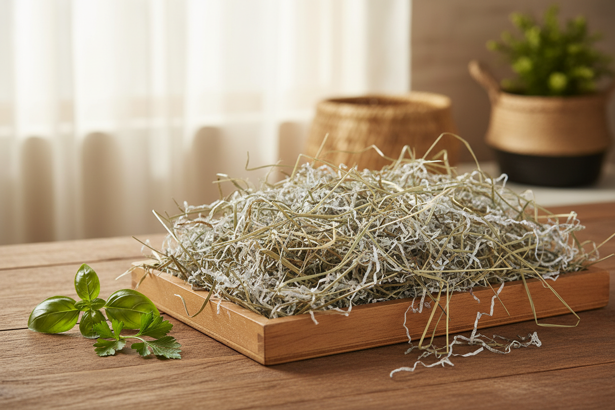 Natural sustainable rabbit bedding made from hay and paper fiber in a wooden hutch tray with fresh herbs — eco-friendly small animal bedding by Eco Pet Pack
