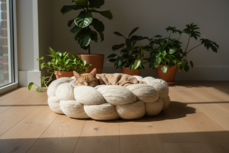 Cozy sustainable natural cat bed made from organic materials on a warm wooden floor with green plants — eco-friendly pet beds by Eco Pet Pack