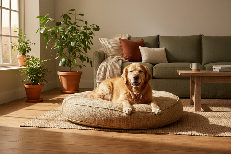 Golden retriever resting on a natural hemp fiber dog bed — sustainable, organic, eco-friendly dog beds for all breeds