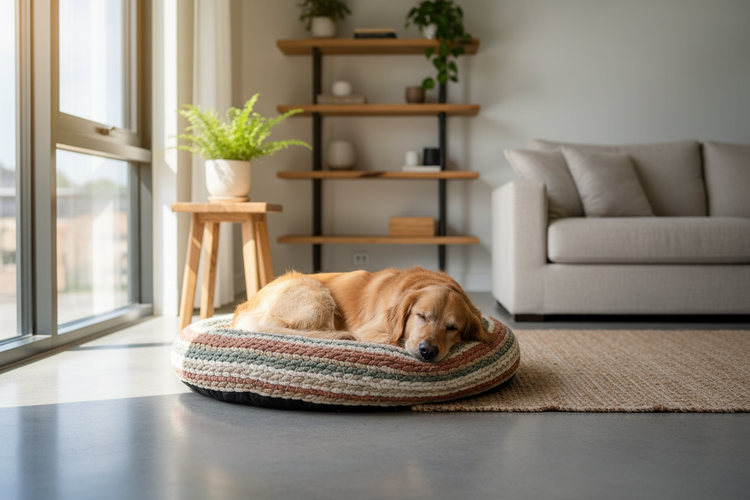 A dog resting on a cozy sustainable pet bed made from organic cotton in earthy natural tones — eco-friendly dog and cat beds from Eco Pet Pack
