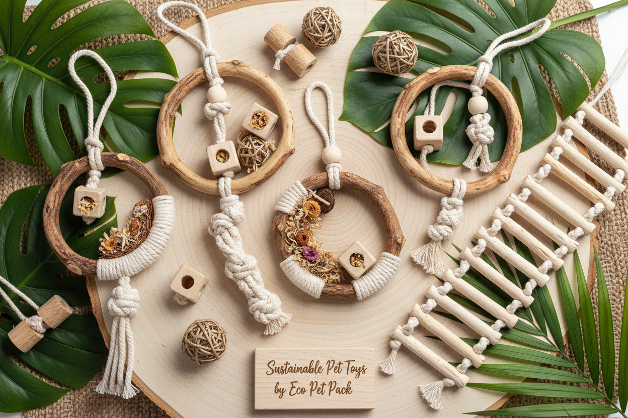 Eco-friendly bird toys made from natural wood, sisal rope, and organic cotton including hanging perch rings and foraging toys on a bright natural surface with green tropical leaves — sustainable pet toys by Eco Pet Pack