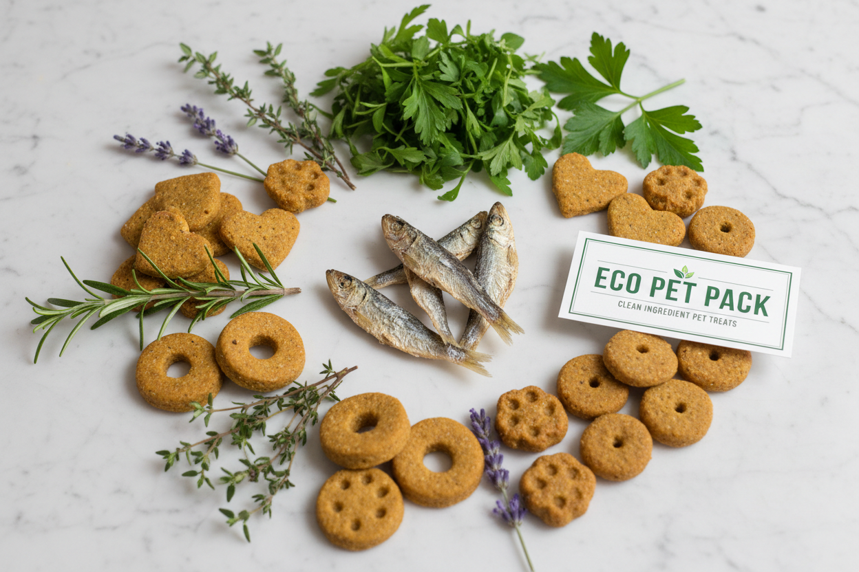 Natural organic cat treats including dried fish, grain-free biscuits, and herb sprigs on white marble with fresh catnip and green leaves — clean ingredient pet treats by Eco Pet Pack