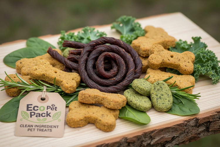 Natural organic dog treats including dried meat strips, grain-free biscuits, and herb-infused snacks on natural wood with fresh rosemary and green leaves — clean ingredient pet treats by Eco Pet Pack