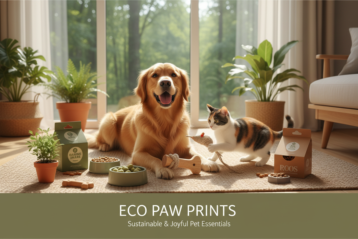 A dog and cat surrounded by eco-friendly pet products including sustainable toys, organic treats, and natural grooming essentials — Eco Pet Picks at Eco Pet Pack."