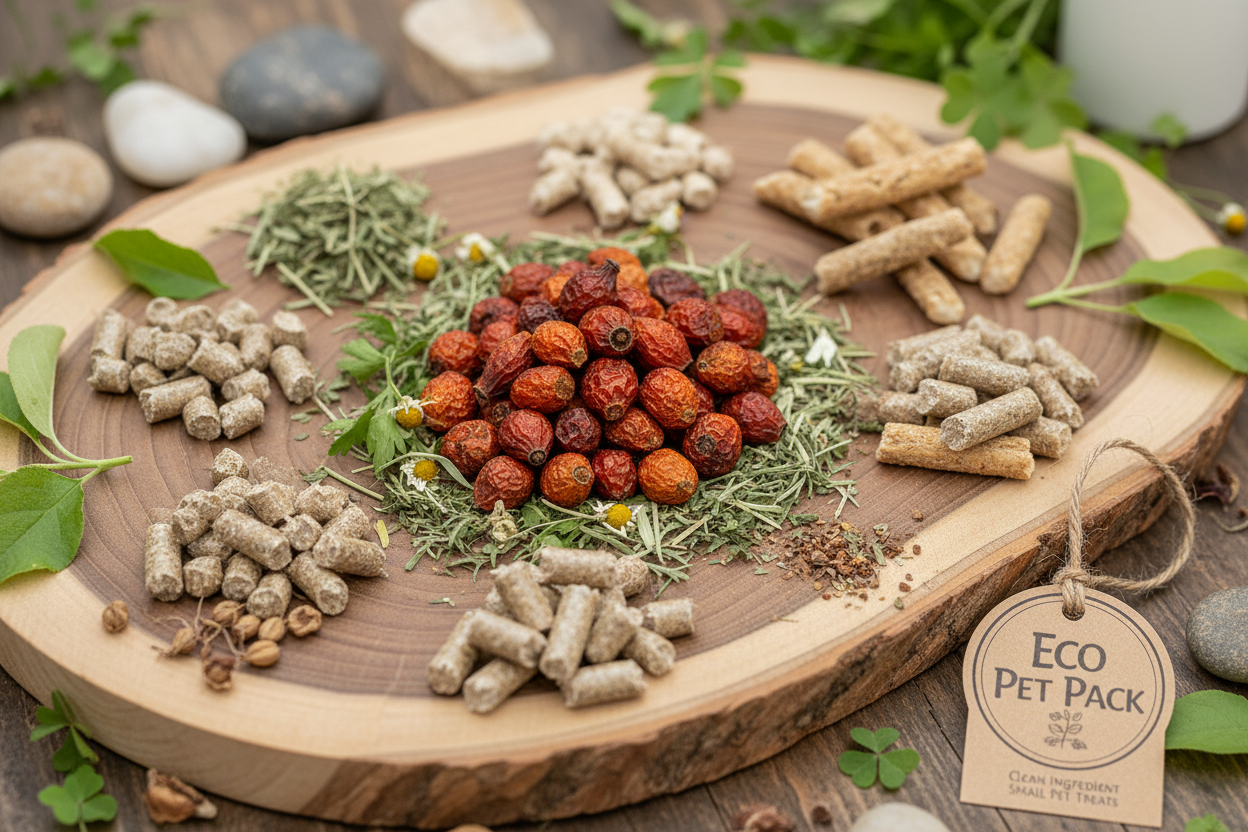 Natural organic chinchilla treats including dried rose hips, herbs, and hay-based snacks on natural wood with soft green leaves and earthy tones — clean ingredient small pet treats by Eco Pet Pack