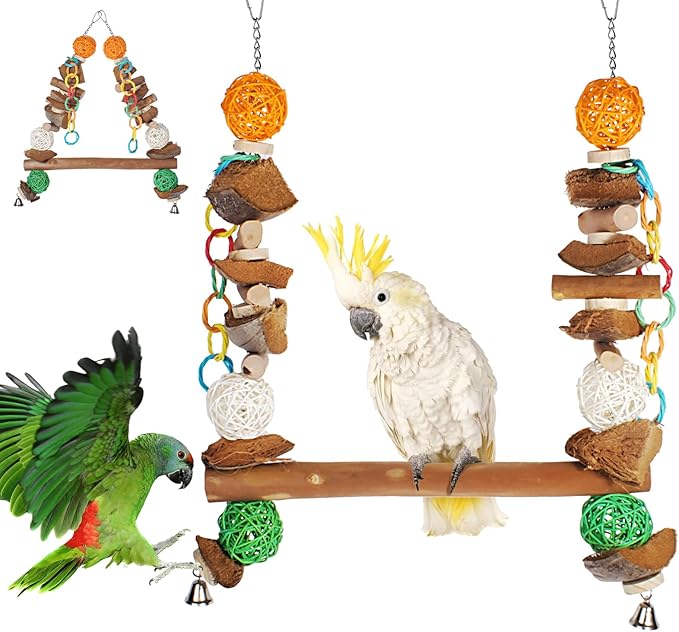 3-in-1 Natural Coconut Fiber Parrot Hammock, Swing & Perch (23")