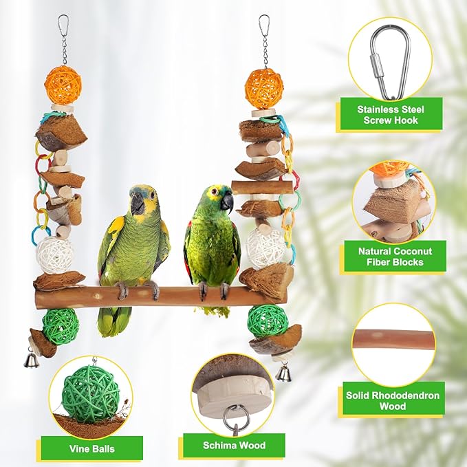 3-in-1 Natural Coconut Fiber Parrot Hammock, Swing & Perch (23")