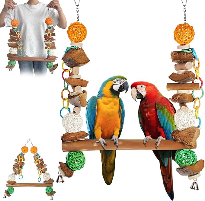3-in-1 Natural Coconut Fiber Parrot Hammock, Swing & Perch (23")
