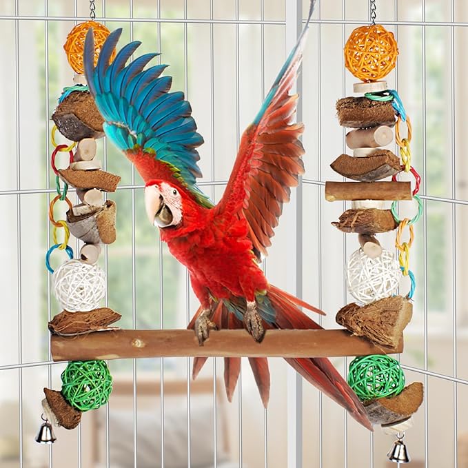 3-in-1 Natural Coconut Fiber Parrot Hammock, Swing & Perch (23")