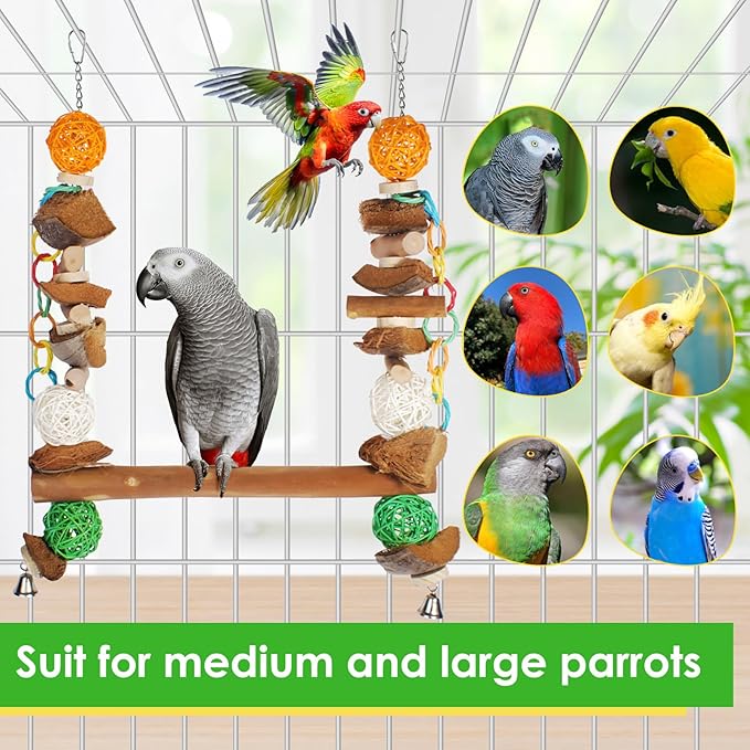 3-in-1 Natural Coconut Fiber Parrot Hammock, Swing & Perch (23")