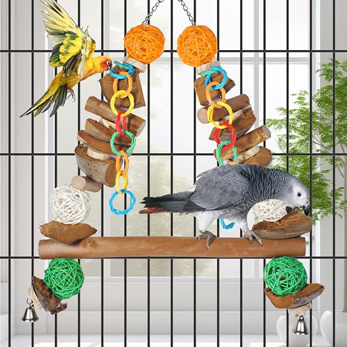3-in-1 Natural Coconut Fiber Parrot Hammock, Swing & Perch (23")