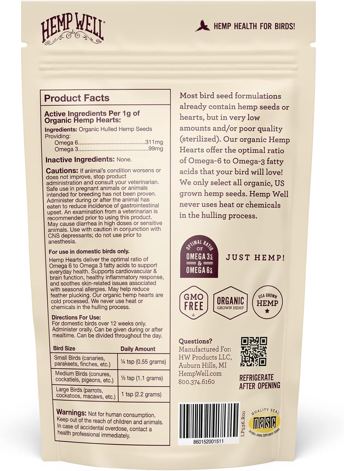 Organic Hemp Hearts for Birds | Feather Plucking & Immune Support