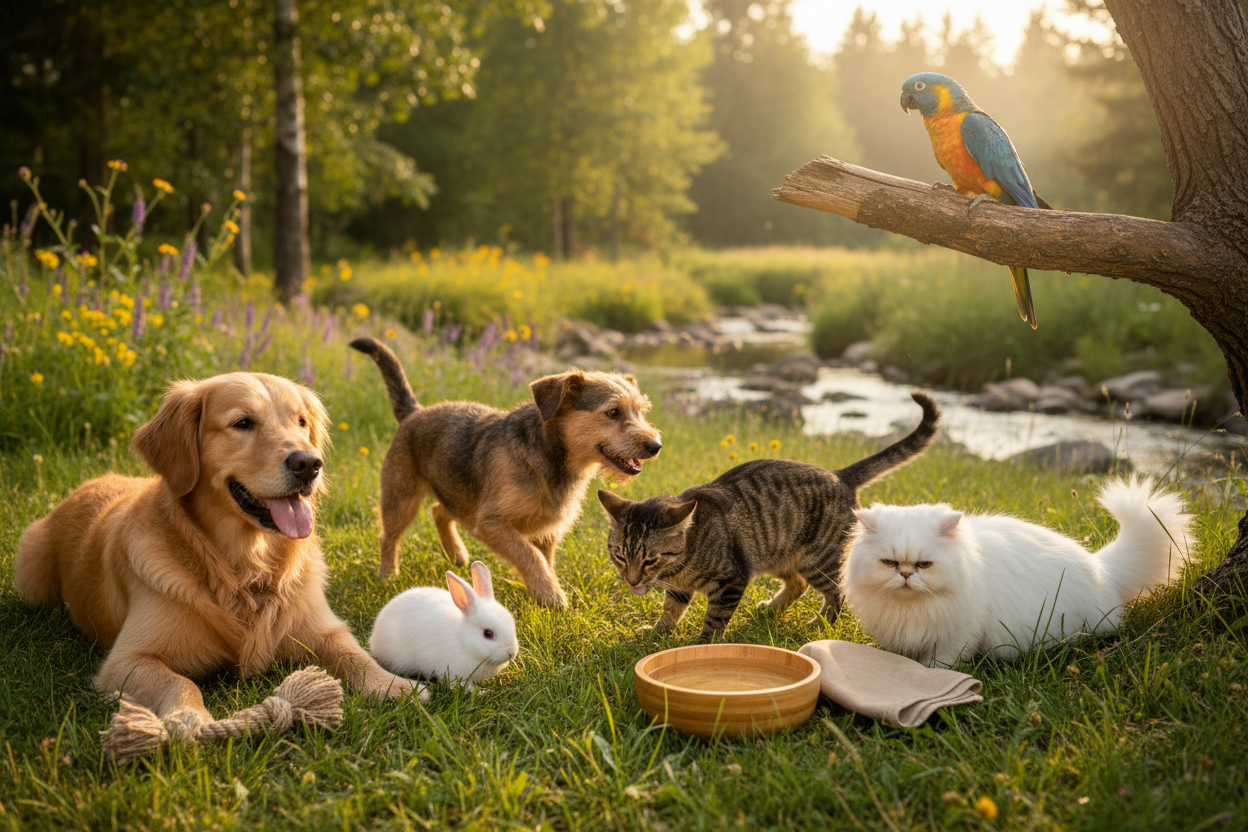 eco-friendly pet products with dogs, cats, rabbit, and bird in nature, sustainable pet care at EcoPetPack.com