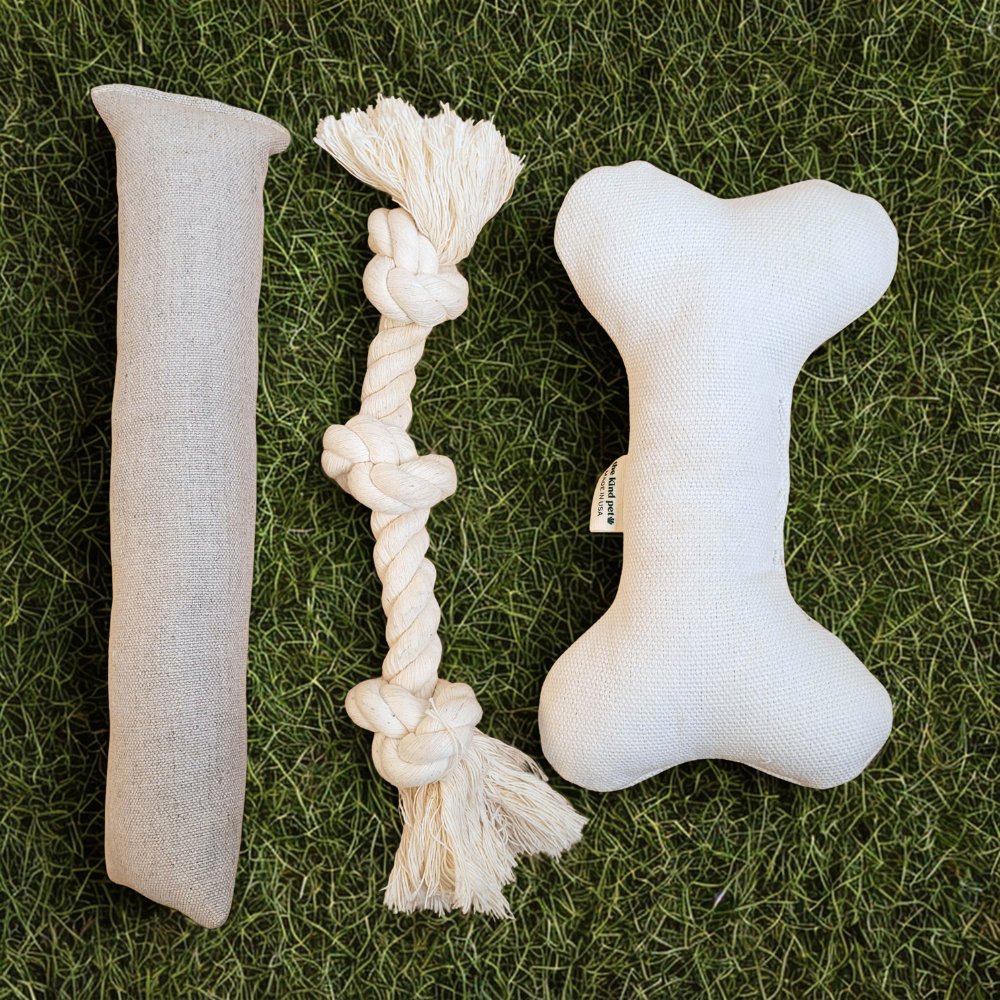 Natural Dog Toy Bundle — Hemp & Organic Cotton | Cuddle, Fetch & Tug