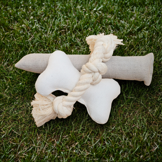 Natural Dog Toy Bundle — Hemp & Organic Cotton | Cuddle, Fetch & Tug