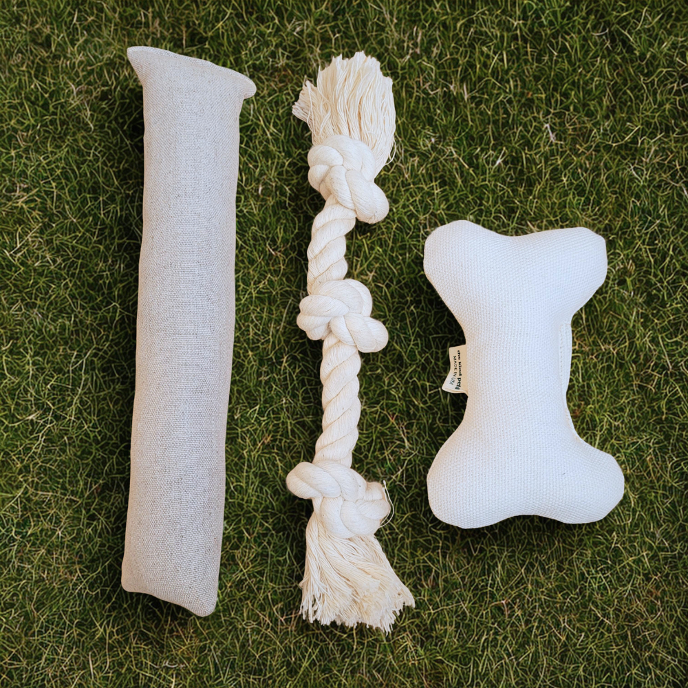 Natural Dog Toy Bundle — Hemp & Organic Cotton | Cuddle, Fetch & Tug